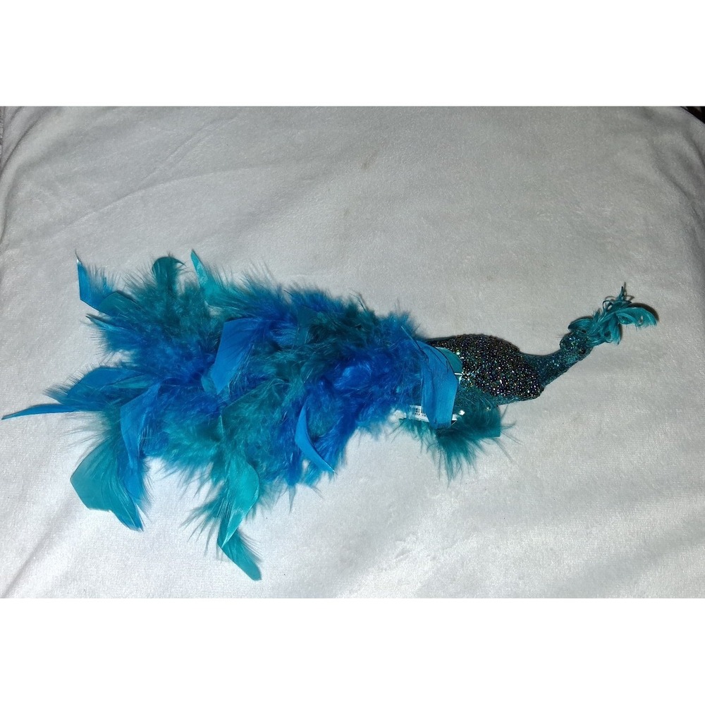 Pier 1 Peacock Christmas Ornament Clip On Blue Teal Feather Glitter Beaded NWT